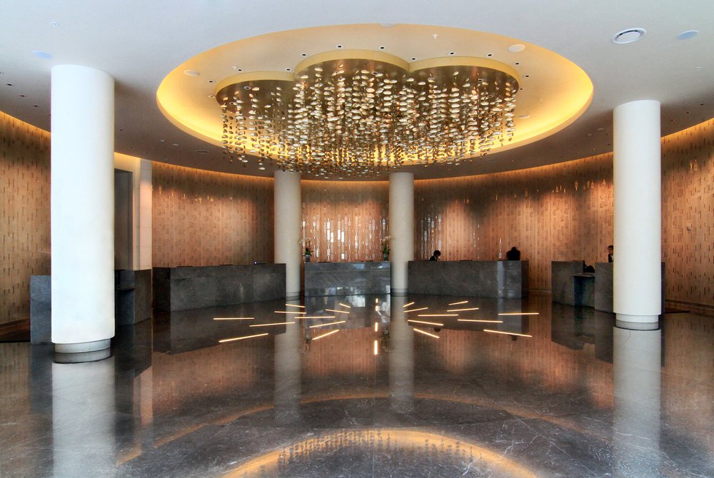 Marriott Marquis Hotel reception desk stone installation in Washington DC