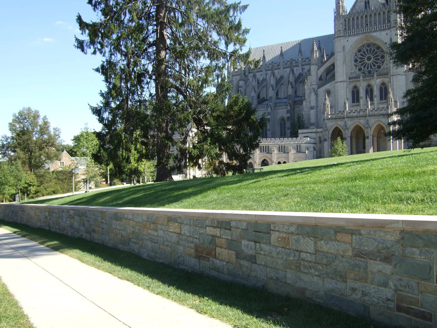 National Cathedral parking garage fieldstone walls with limestone coping and granite stairs, Washington, DC