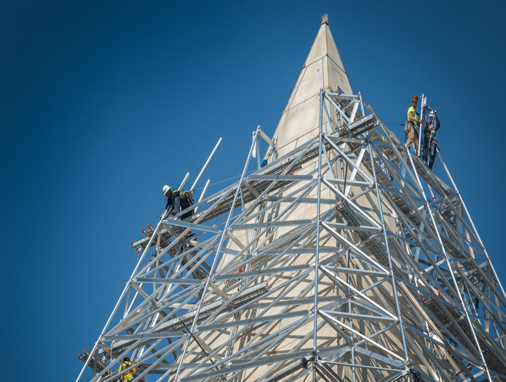 Washington Monument exterior stone restoration after earthquake damage
